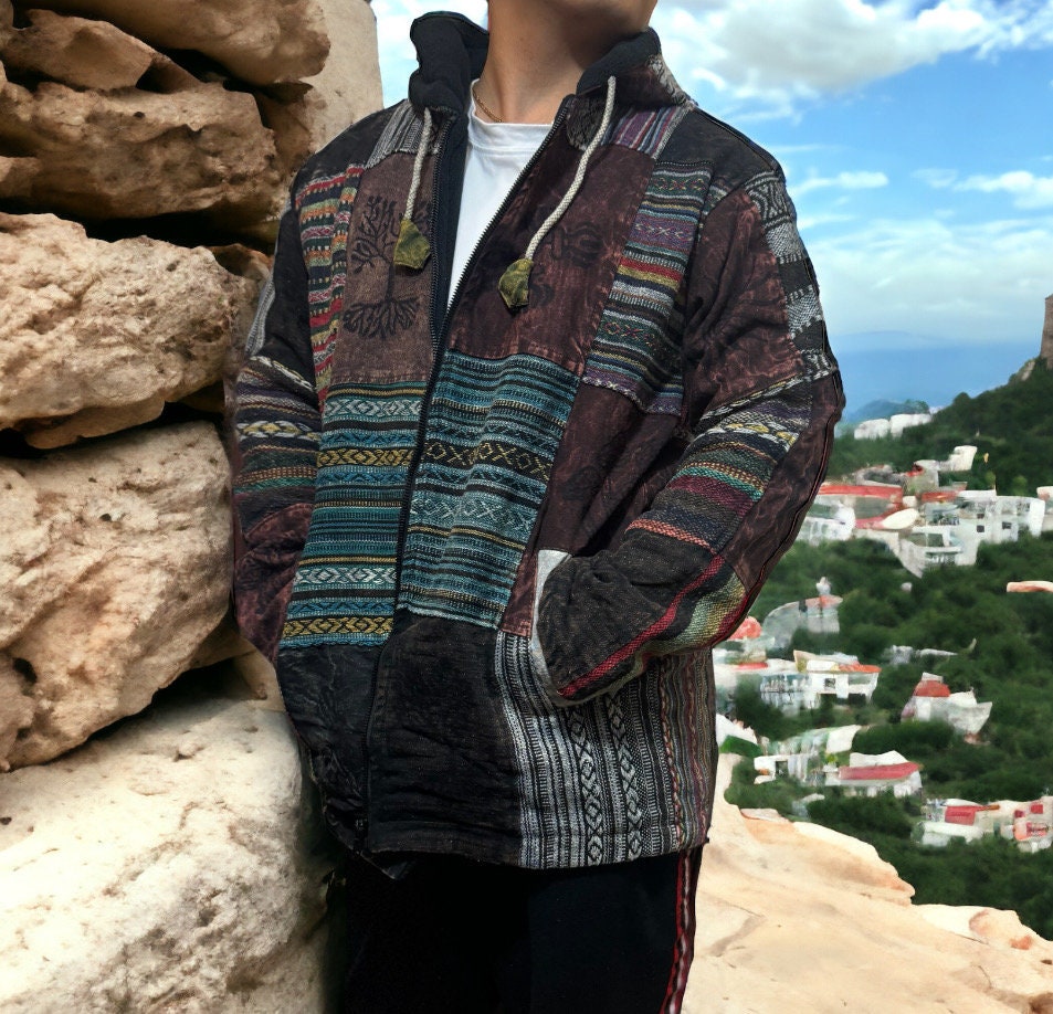Patchwork Fleece Lined Hoodie Men | Boho Hippie Cotton Festival Jacket