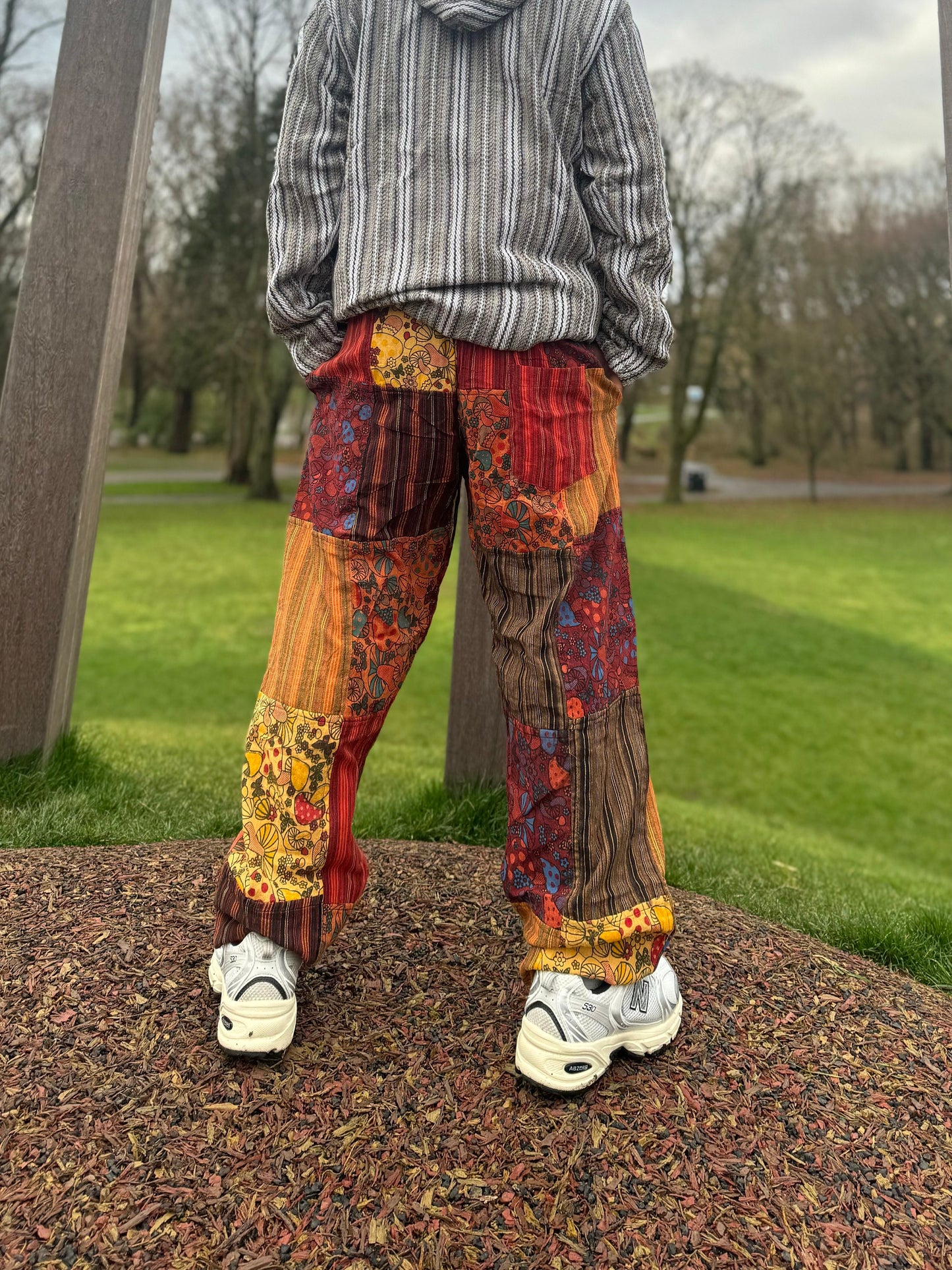 Mushroom Print Cotton Hippie Trousers: Festival Boho Pants
