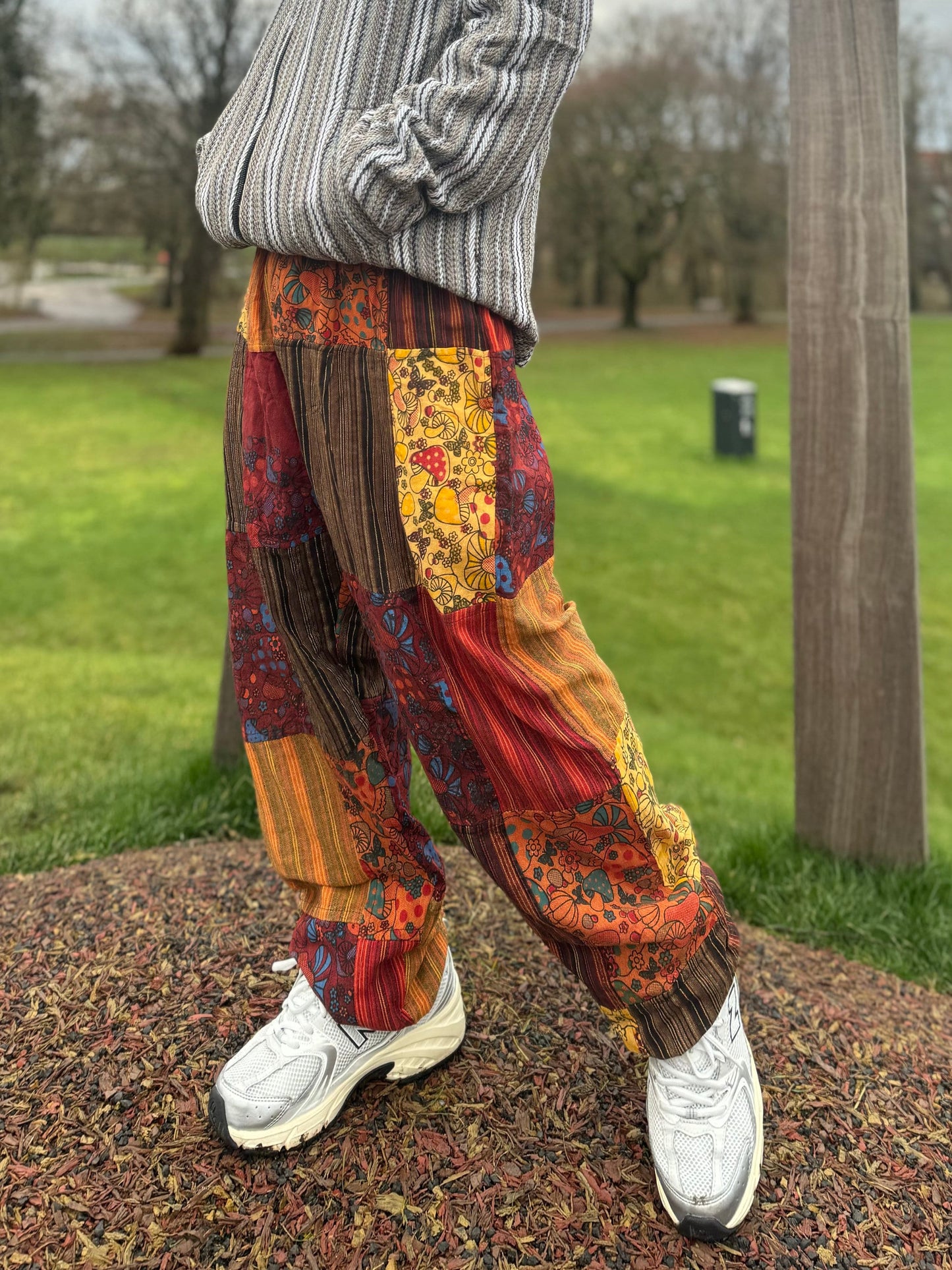 Mushroom Floral Print Cotton Trousers: Unisex Festival Hippie Pants