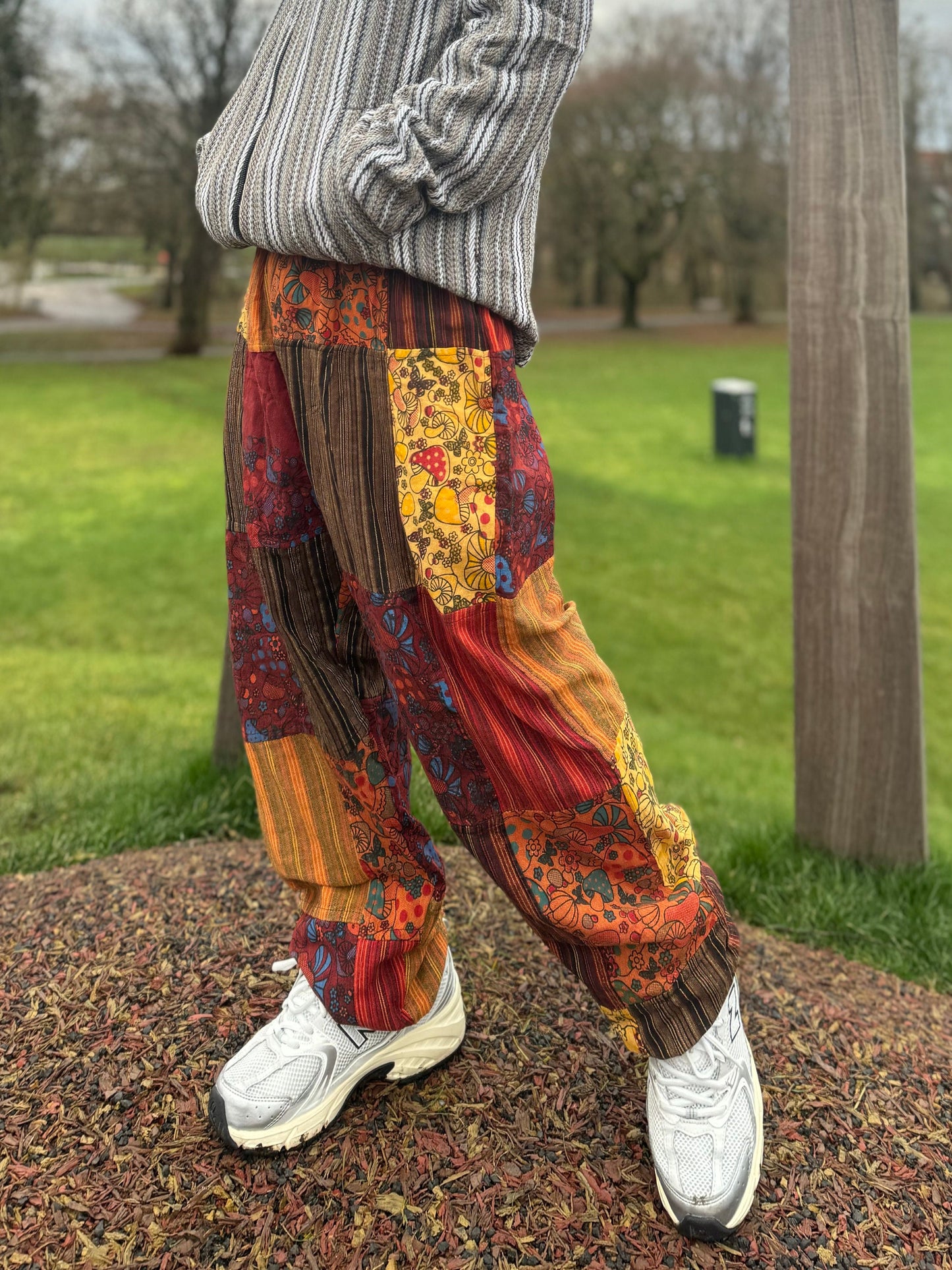 Mushroom Print Cotton Hippie Trousers: Festival Boho Pants