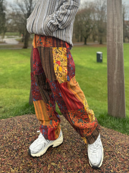 Mushroom Print Cotton Hippie Trousers: Festival Boho Pants