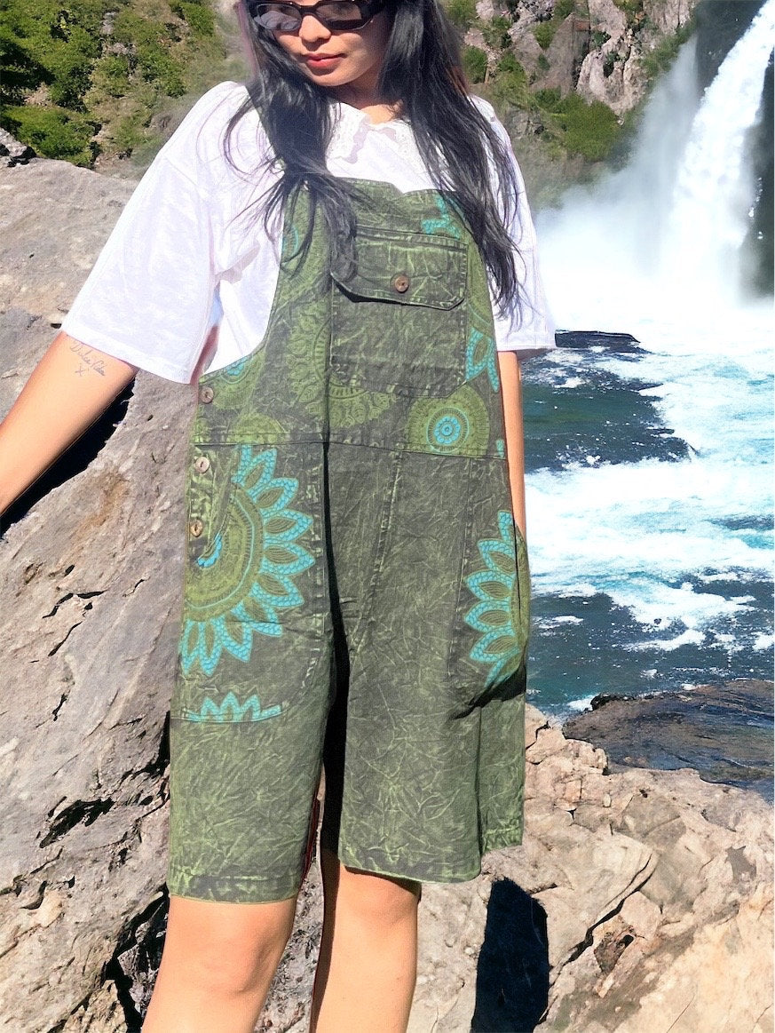 Boho Dungaree Shorts with Funky Pockets - Hippie Print Design - Free-Spirited Style