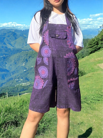 Boho Dungaree Shorts with Funky Pockets - Hippie Print Design - Free-Spirited Style