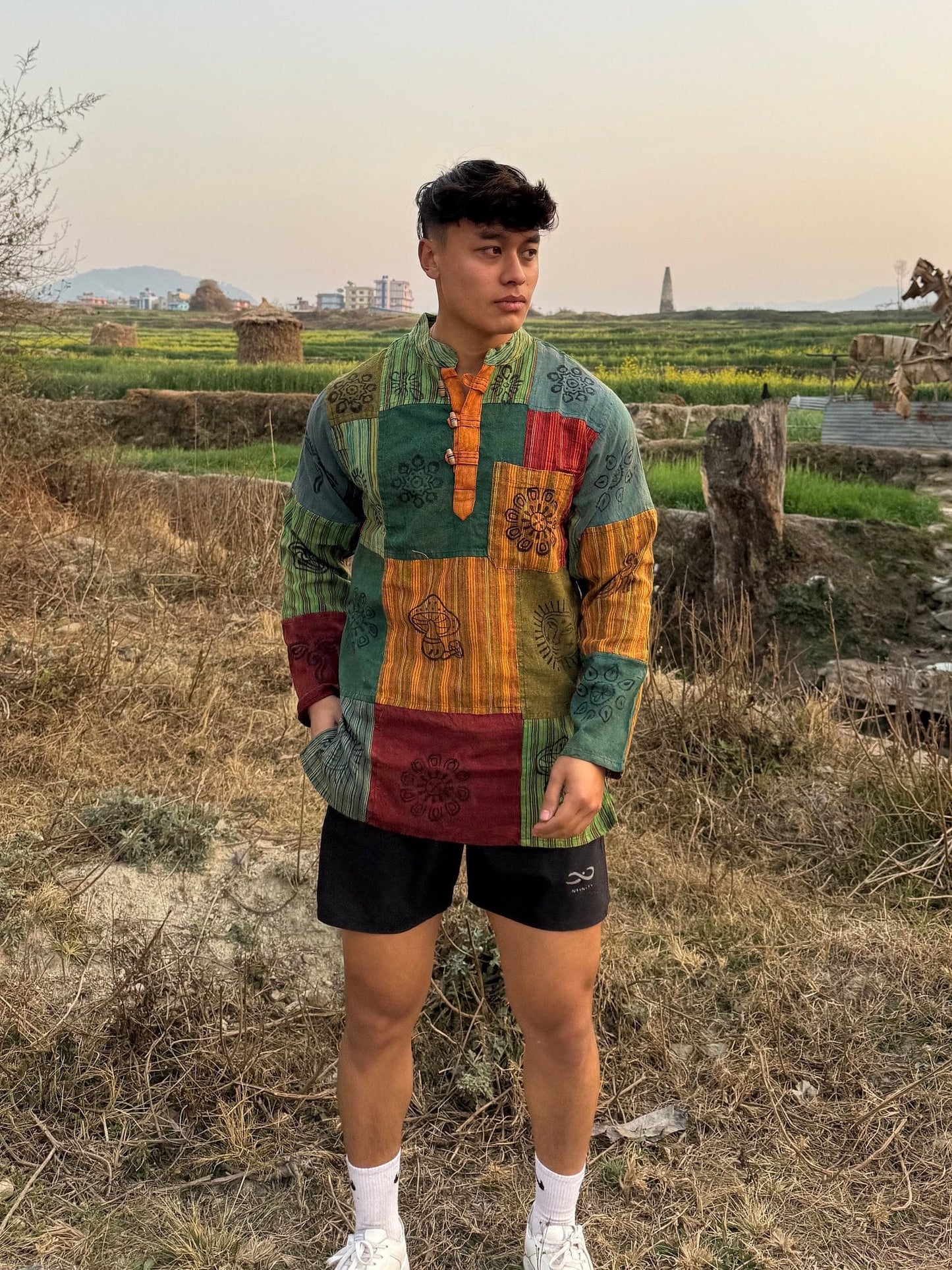 Handmade Cotton Patchwork Shirt: Nepali Blockprint Overdye, Festival Hippie Style