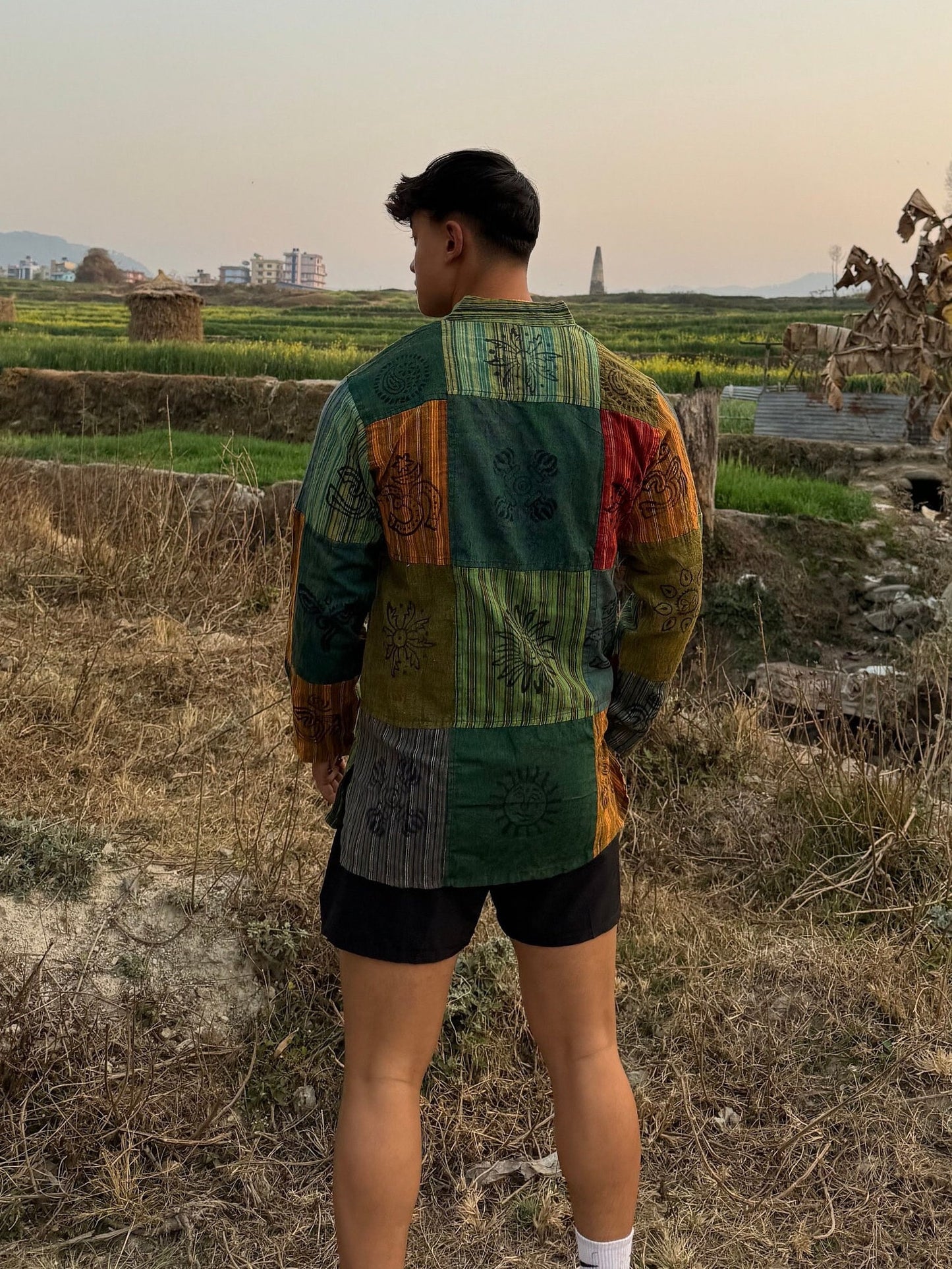 Handmade Cotton Patchwork Shirt: Nepali Blockprint Overdye, Festival Hippie Style