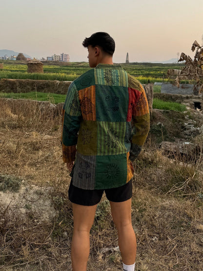 Handmade Cotton Patchwork Shirt: Nepali Blockprint Overdye, Festival Hippie Style