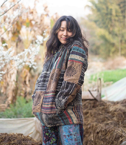 Unisex Patchwork Fleece Hoodie: Handmade Himalayan Cotton Jacket