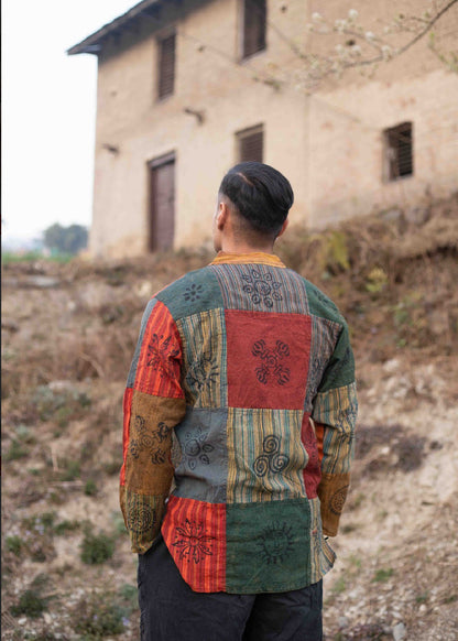 Handmade Cotton Patchwork Shirt: Nepali Blockprint Overdye, Festival Hippie Style