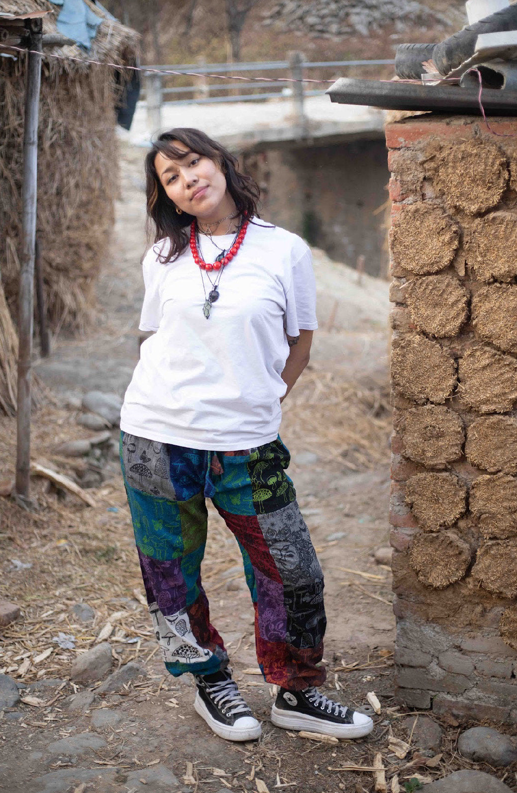Patchwork Hippie Trousers: Sun, Moon & Mushroom Print - Eco Cotton