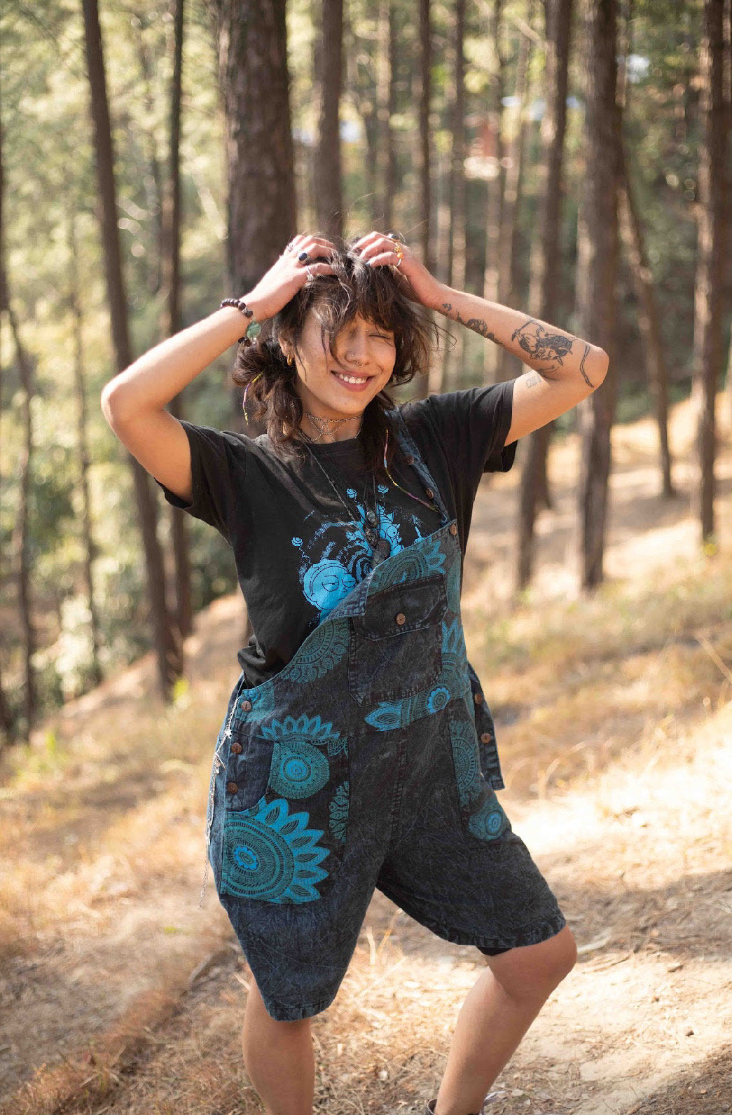 Boho Dungaree Shorts with Funky Pockets - Hippie Print Design - Free-Spirited Style