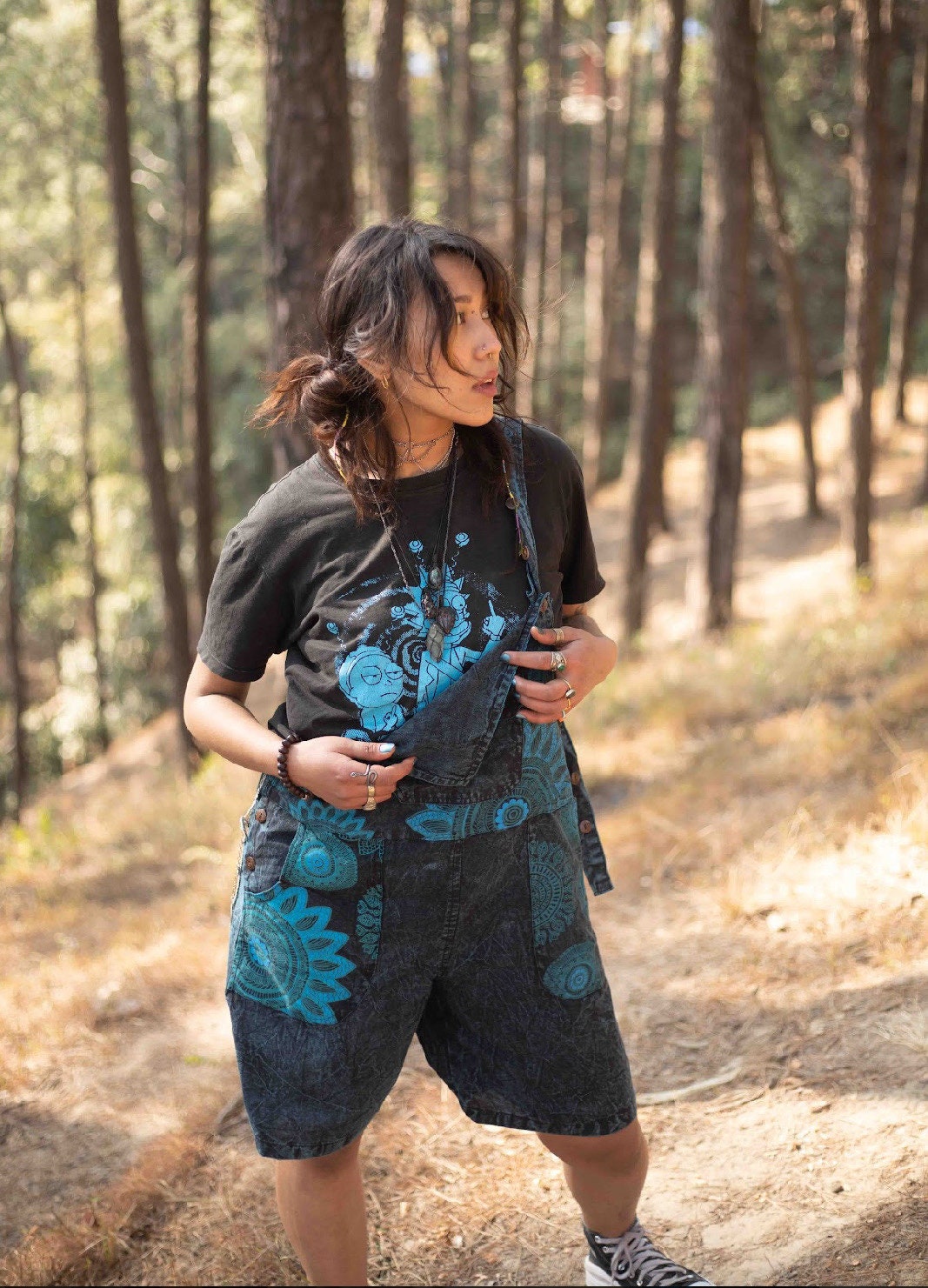 Boho Dungaree Shorts with Funky Pockets - Hippie Print Design - Free-Spirited Style
