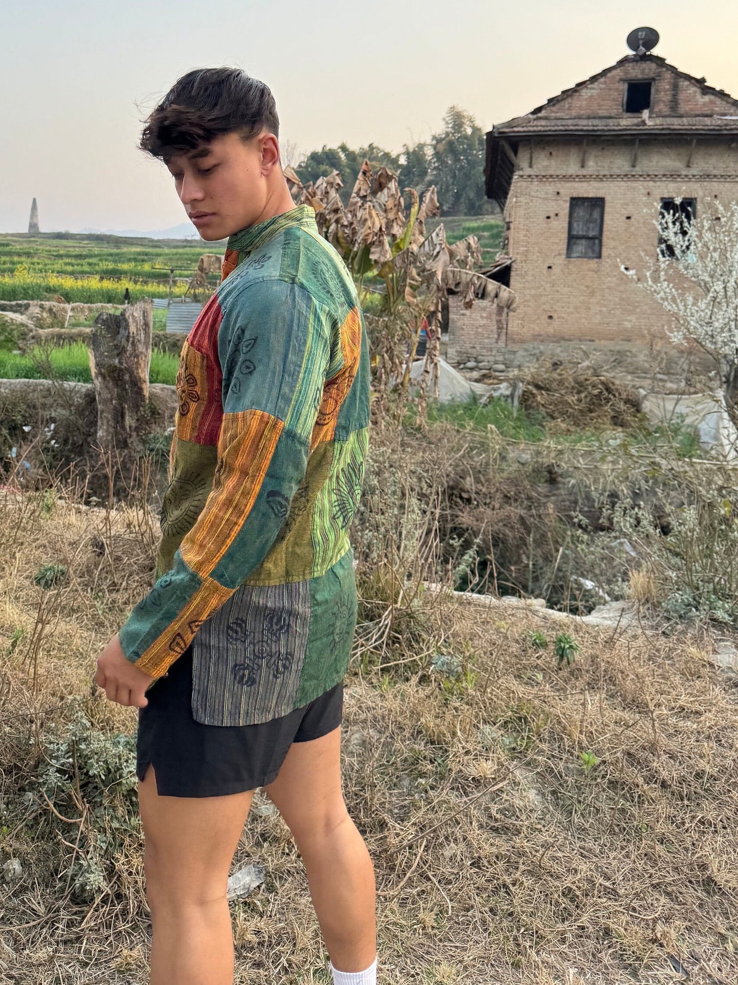 Handmade Cotton Patchwork Shirt: Nepali Blockprint Overdye, Festival Hippie Style