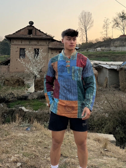 Handmade Cotton Patchwork Shirt: Nepali Blockprint Overdye, Festival Hippie Style
