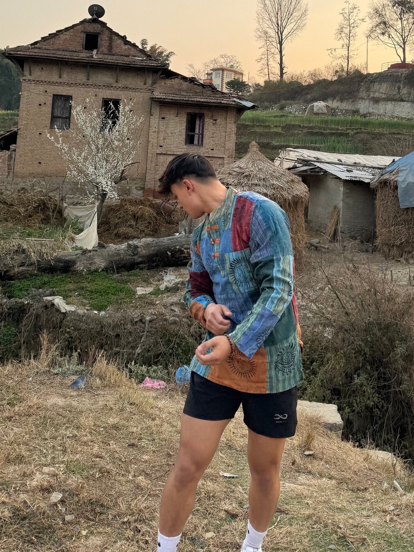 Handmade Cotton Patchwork Shirt: Nepali Blockprint Overdye, Festival Hippie Style