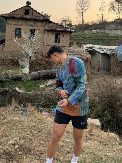 Handmade Cotton Patchwork Shirt: Nepali Blockprint Overdye, Festival Hippie Style
