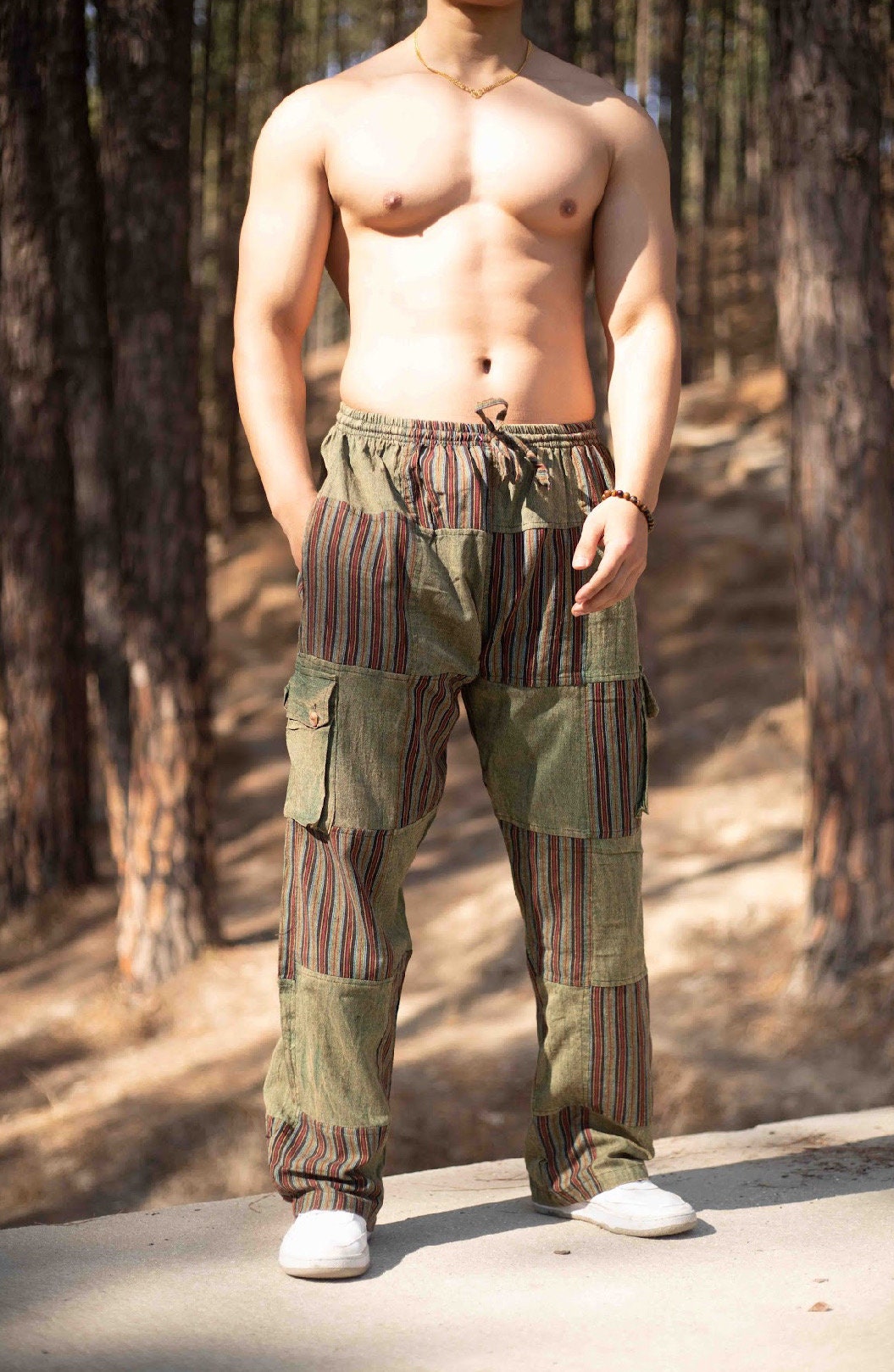 Hippie Patchwork Cotton Trousers: Unisex Boho Festival Pants