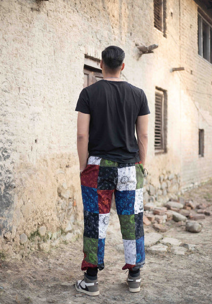 Patchwork Hippie Trousers: Sun, Moon & Mushroom Print - Eco Cotton