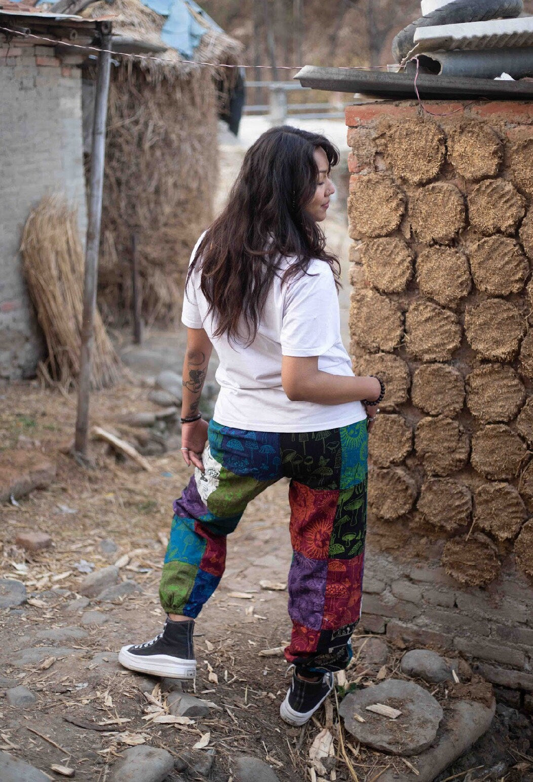 Patchwork Hippie Trousers: Sun, Moon & Mushroom Print - Eco Cotton