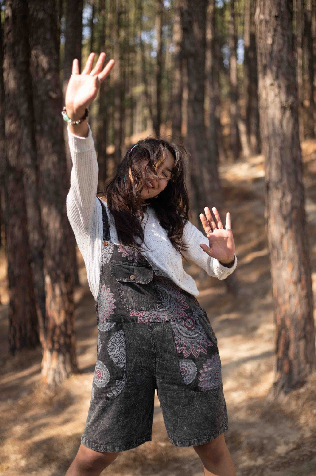 Boho Dungaree Shorts with Funky Pockets - Hippie Print Design - Free-Spirited Style