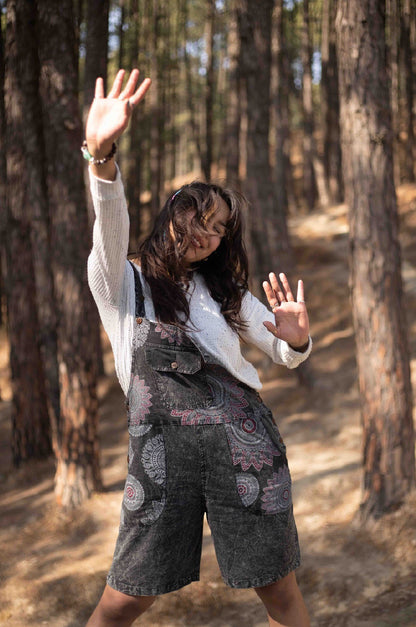 Boho Dungaree Shorts with Funky Pockets - Hippie Print Design - Free-Spirited Style