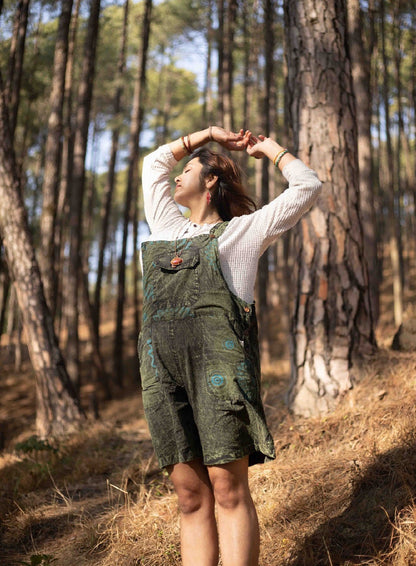 Boho Dungaree Shorts with Funky Pockets - Hippie Print Design - Free-Spirited Style