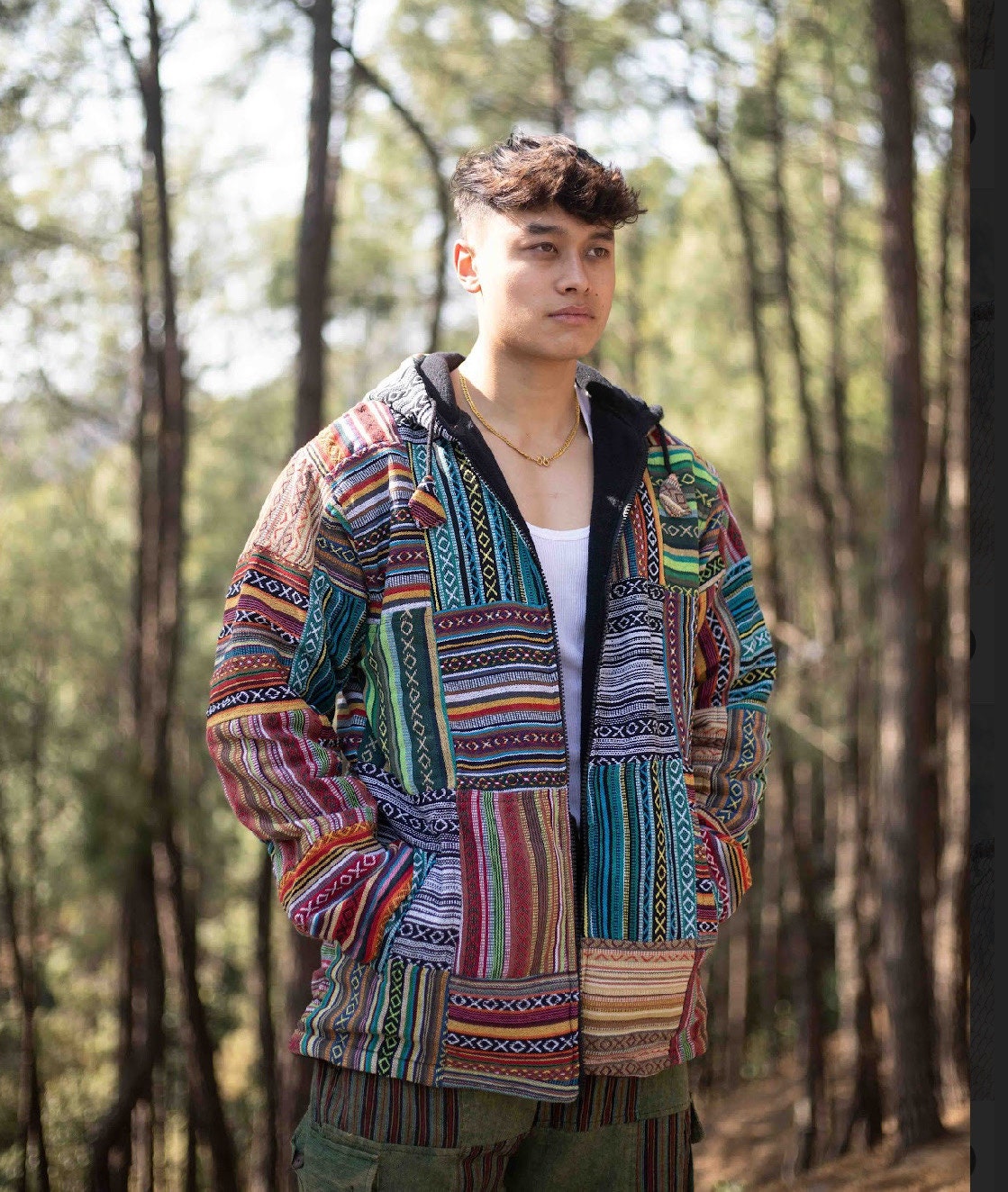 Patchwork Fleece Lined Hoodie Men | Boho Hippie Cotton Festival Jacket