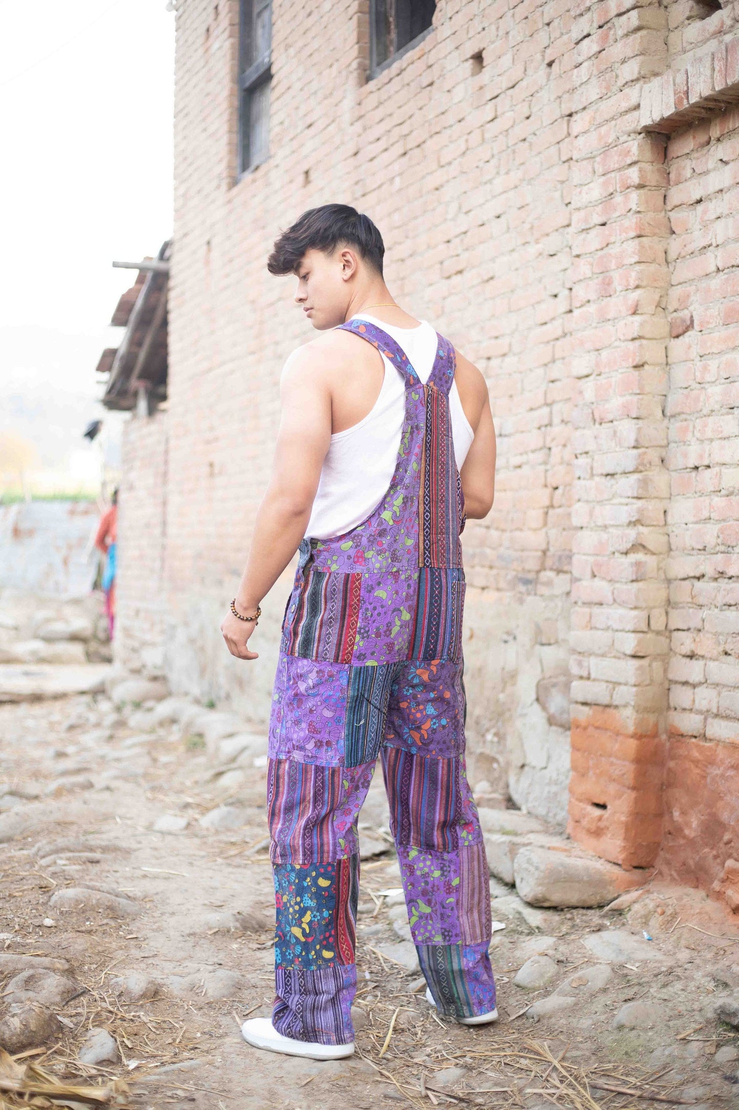 Hippie Patchwork Cotton Overalls: Festival Dungarees with Mushroom Print