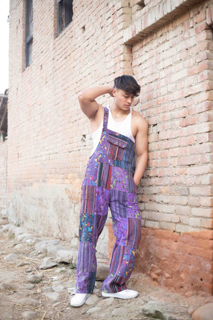 Patchwork Cotton Overalls: Hippie Festival Dungarees, Adjustable Length