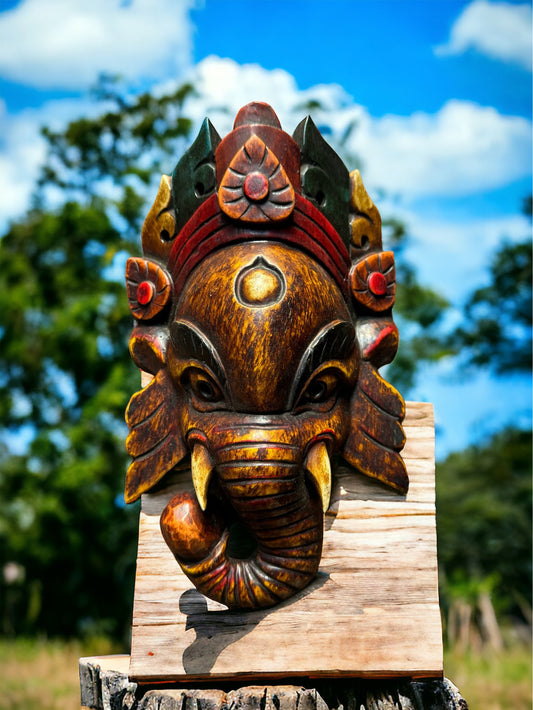 Handcrafted Ganesh Hindu God wooden Mask - Spiritual Wall Art & Home Decor | Hinduism