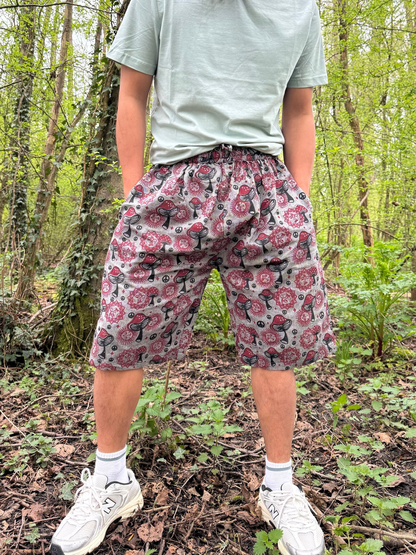 Mushroom Print Cotton Shorts: Handmade Hippie Festival Boho Pants