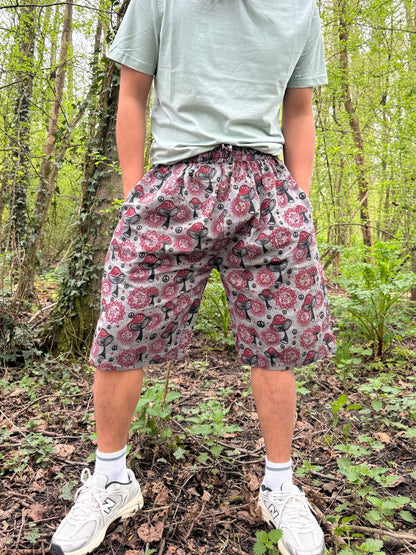 Mushroom Print Cotton Shorts: Handmade Hippie Festival Boho Pants