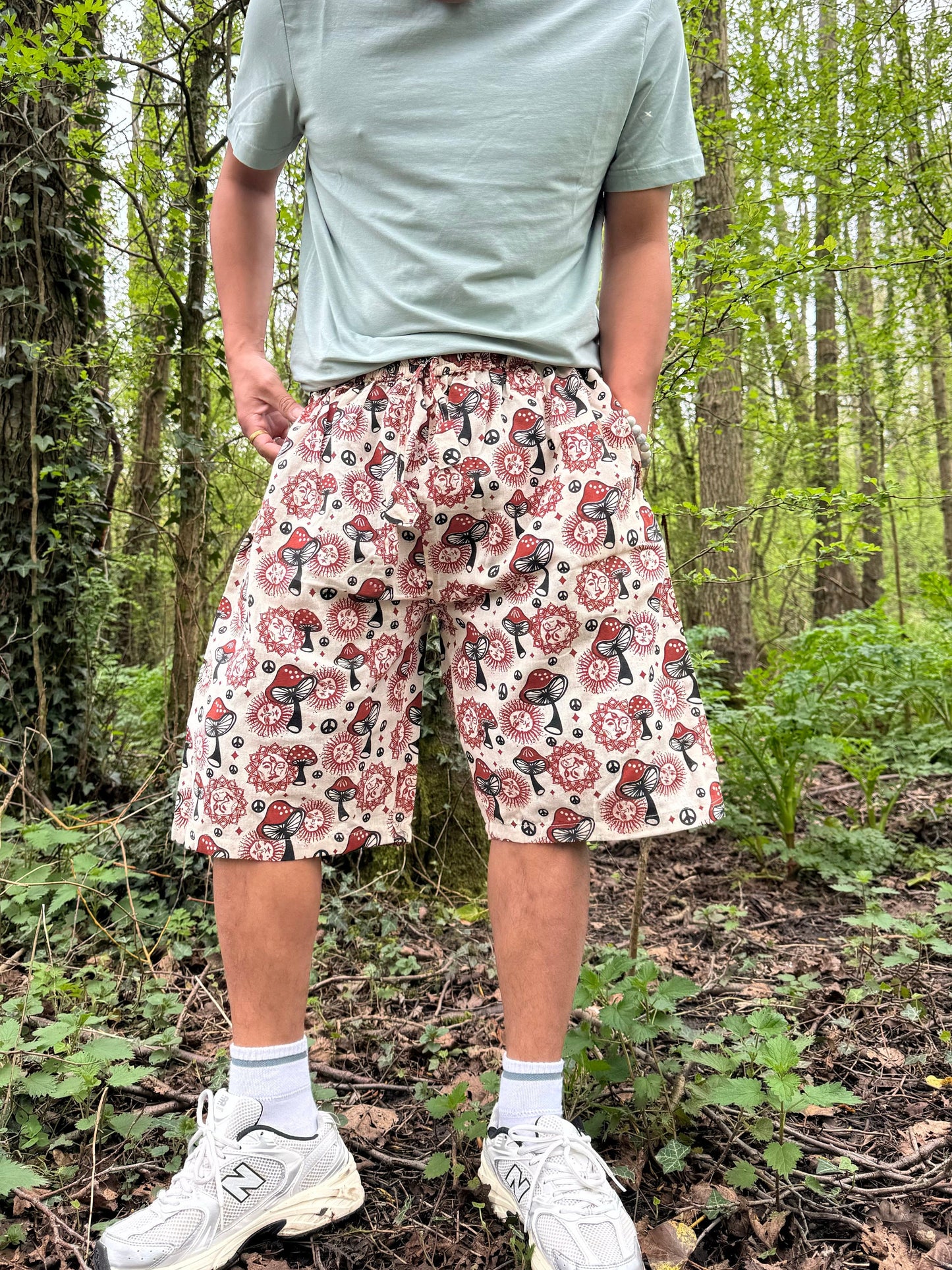 Mushroom Print Cotton Shorts: Handmade Hippie Festival Boho Pants
