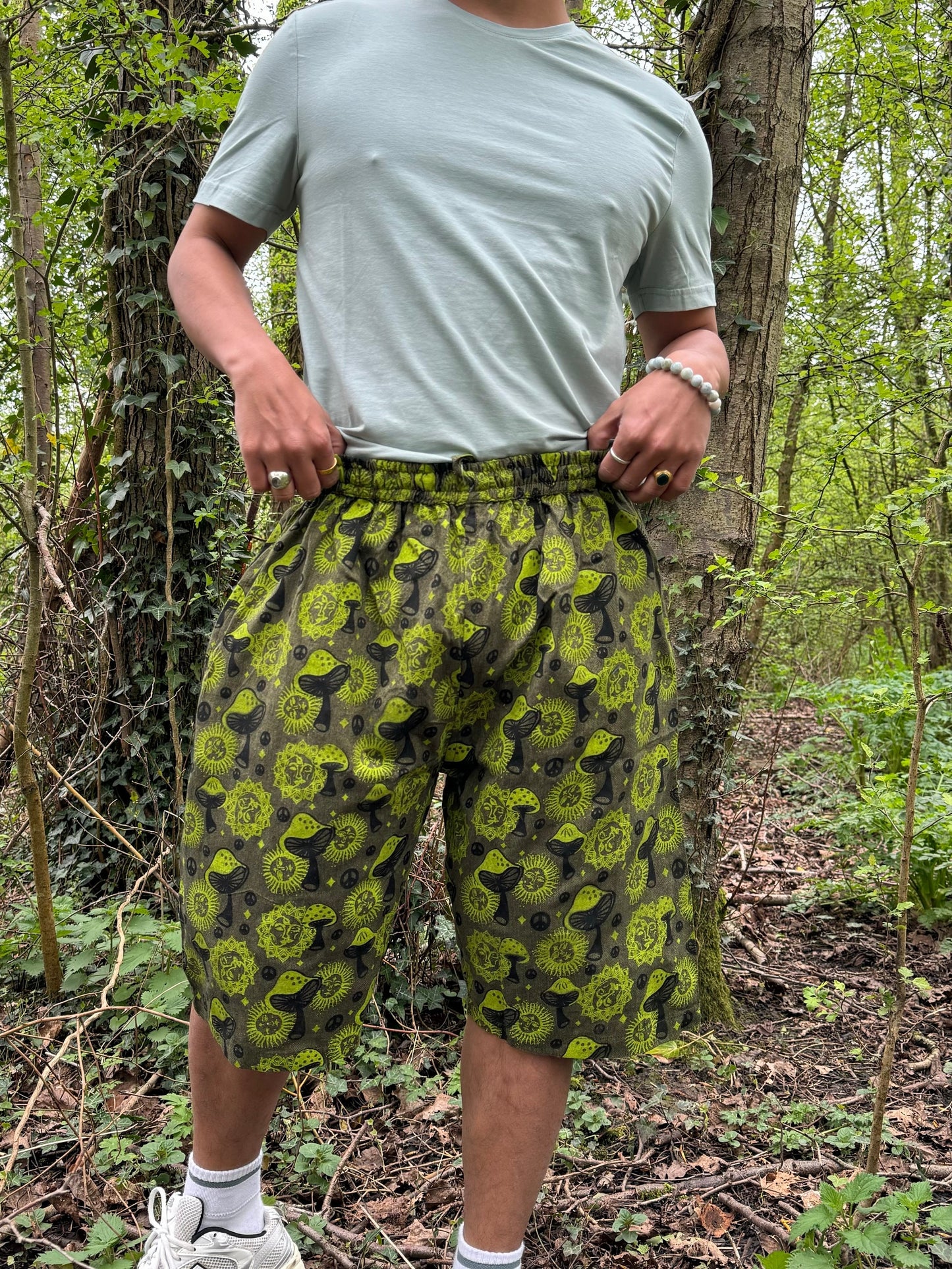 Mushroom Print Cotton Shorts: Handmade Hippie Festival Boho Pants