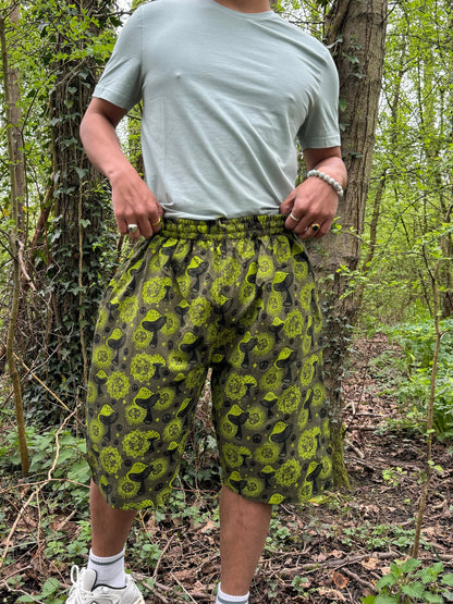 Mushroom Print Cotton Shorts: Handmade Hippie Festival Boho Pants