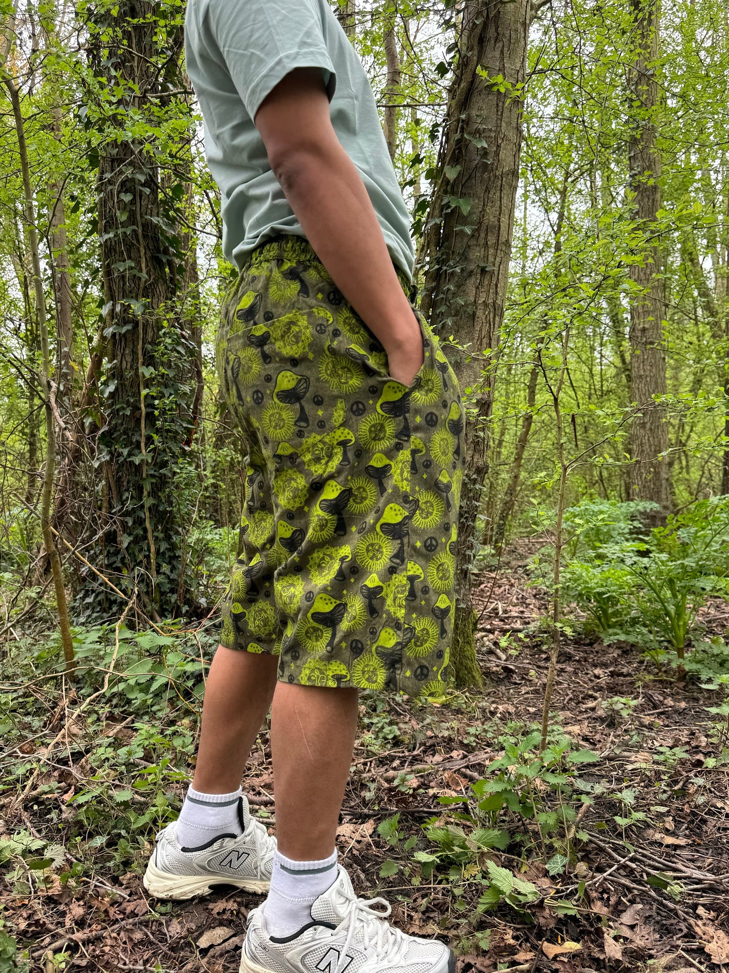 Mushroom Print Cotton Shorts: Handmade Hippie Festival Boho Pants