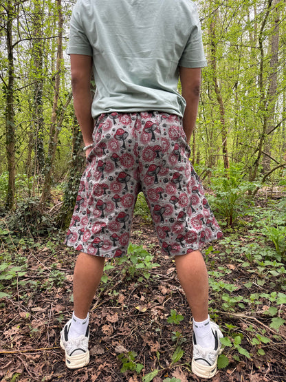 Mushroom Print Cotton Shorts: Handmade Hippie Festival Boho Pants