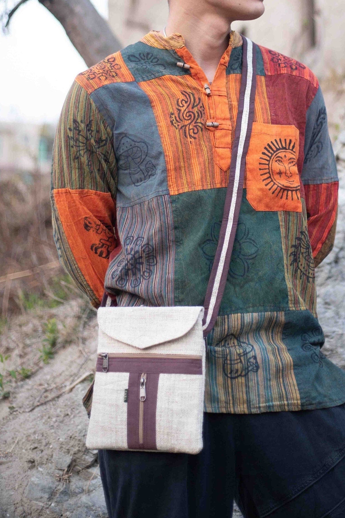 Boho Hemp Crossbody Bag: Handmade 3-Pocket Mini Purse