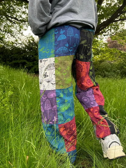 Patchwork Hippie Trousers: Sun, Moon & Mushroom Print - Eco Cotton