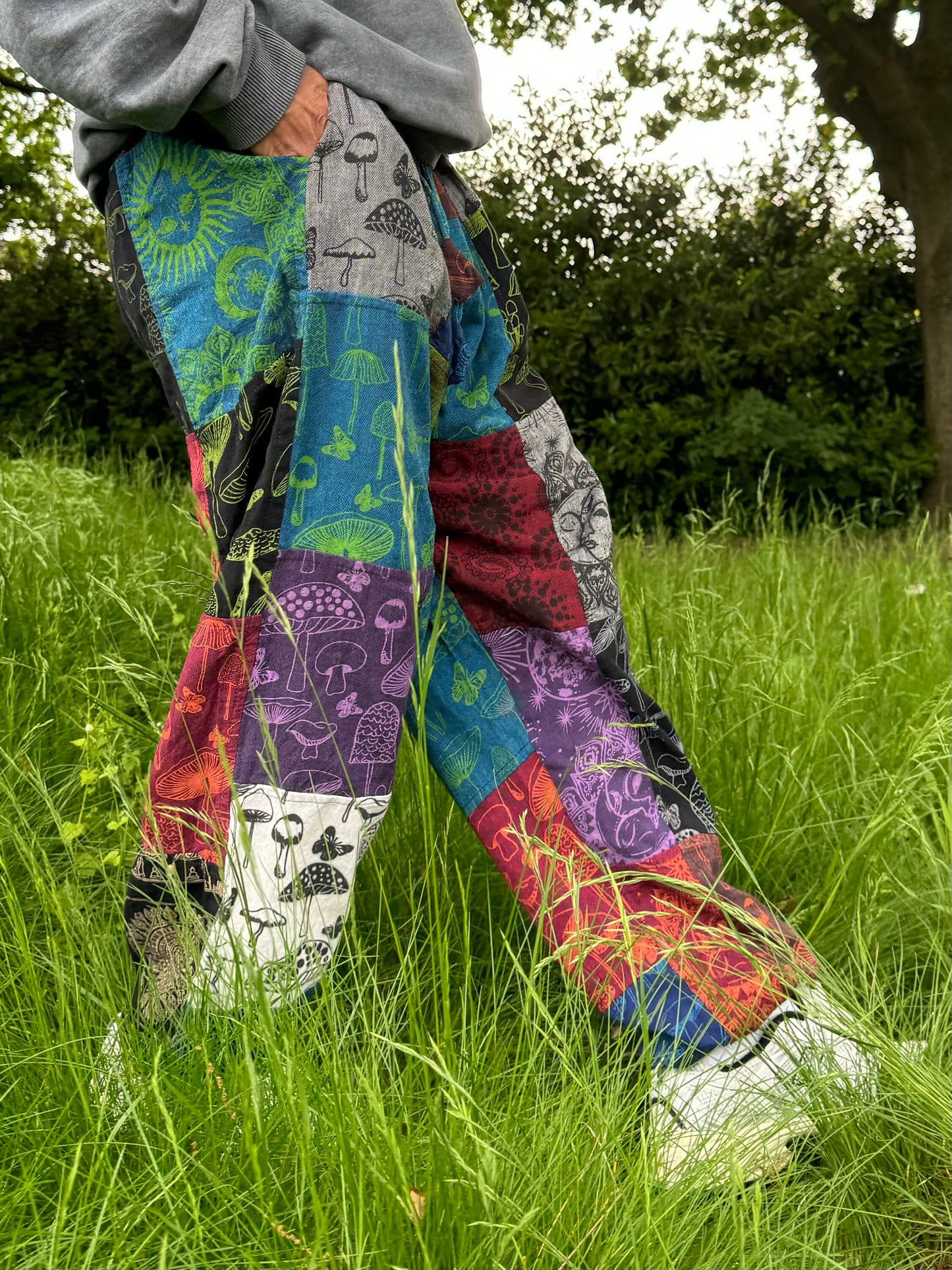Patchwork Hippie Trousers: Sun, Moon & Mushroom Print - Eco Cotton
