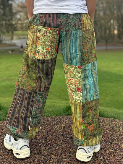Mushroom Floral Print Cotton Trousers: Unisex Festival Hippie Pants