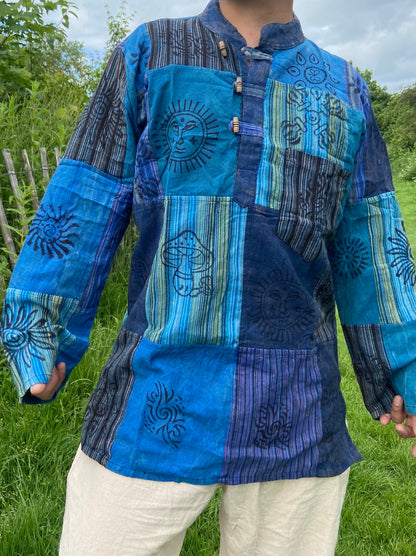 Handmade Cotton Patchwork Shirt: Nepali Blockprint Stonewash Design