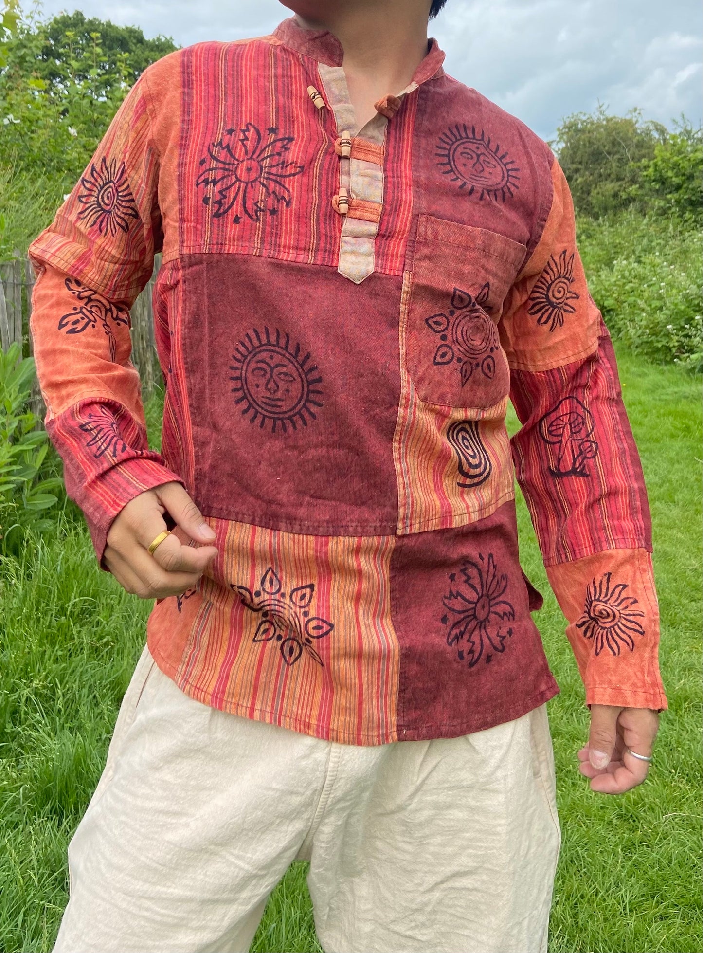 Handmade Cotton Patchwork Shirt: Nepali Blockprint Stonewash Design