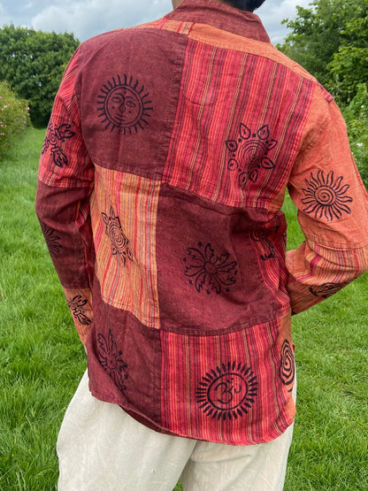 Handmade Cotton Patchwork Shirt: Nepali Blockprint Stonewash Design