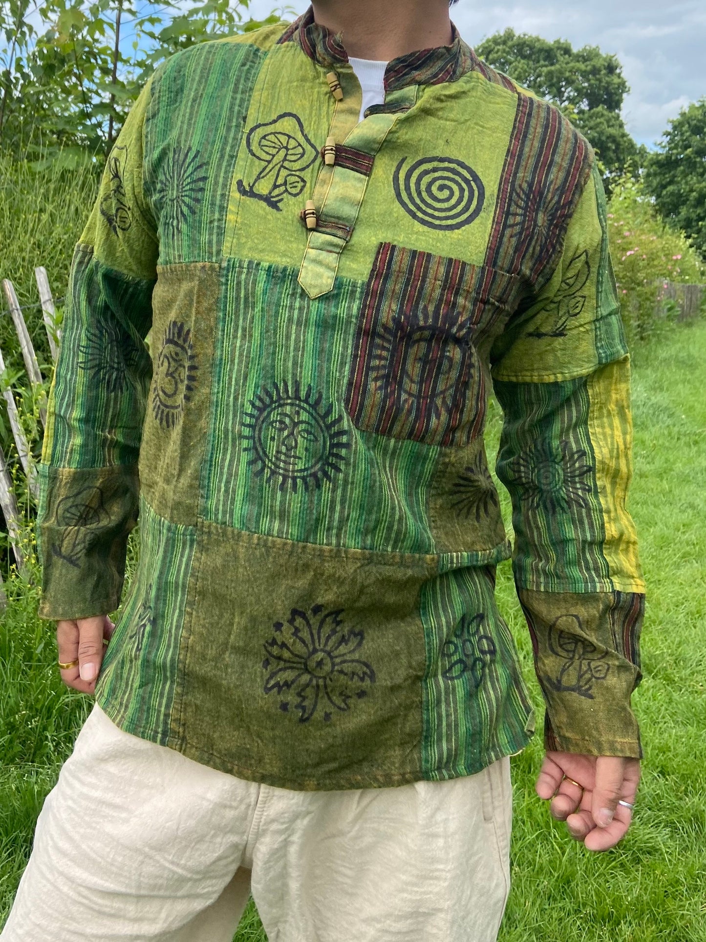 Handmade Cotton Patchwork Shirt: Nepali Blockprint Stonewash Design