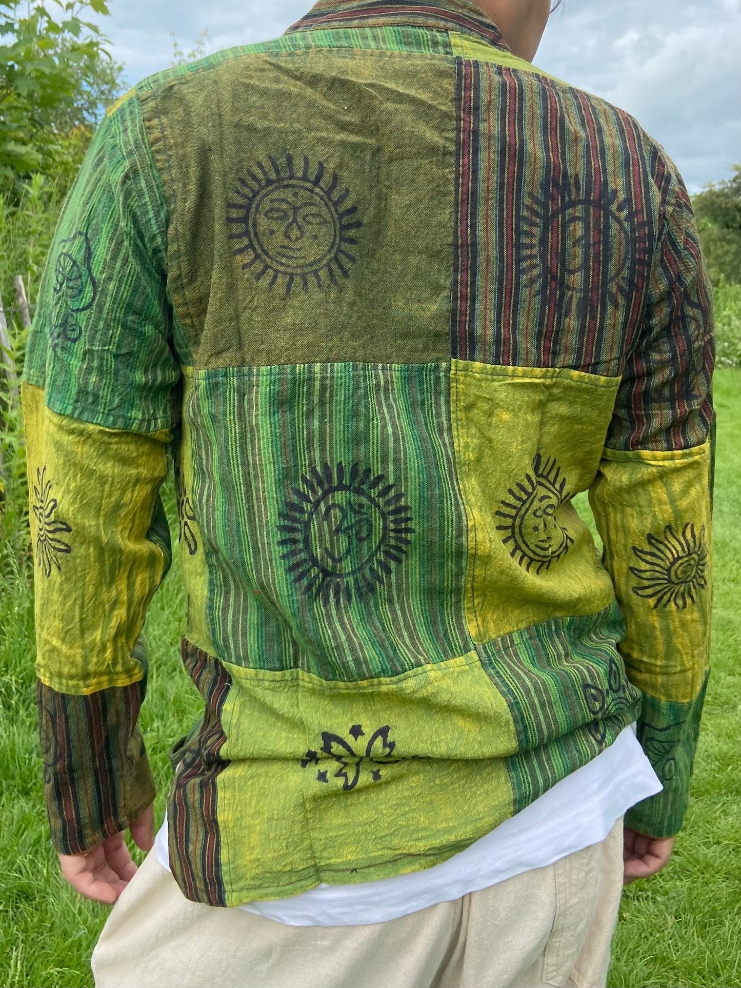 Handmade Cotton Patchwork Shirt: Nepali Blockprint Stonewash Design