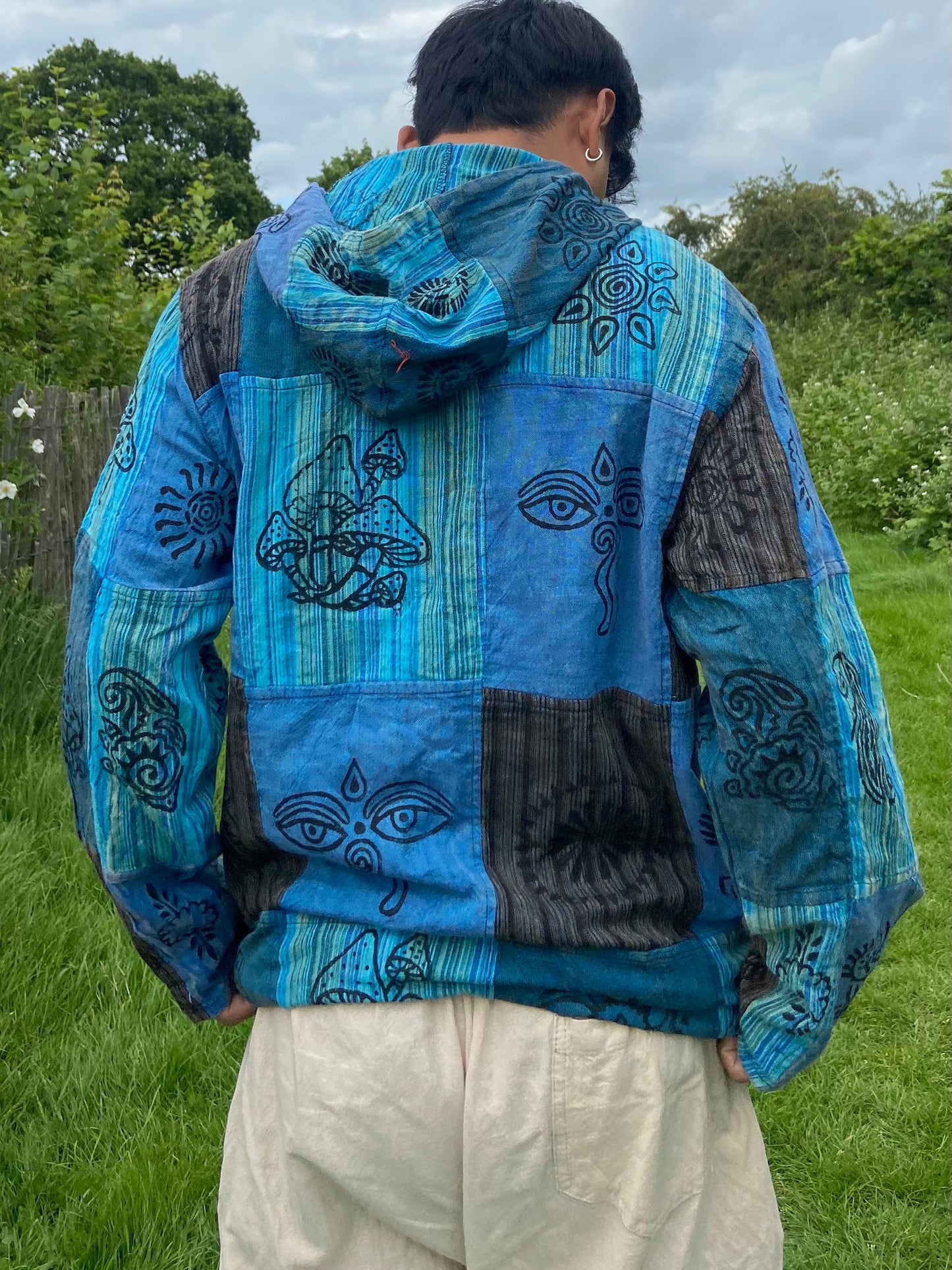 Blockprint Cotton Hoodie Shirt: Stonewash Nepali Patchwork, Eco Friendly