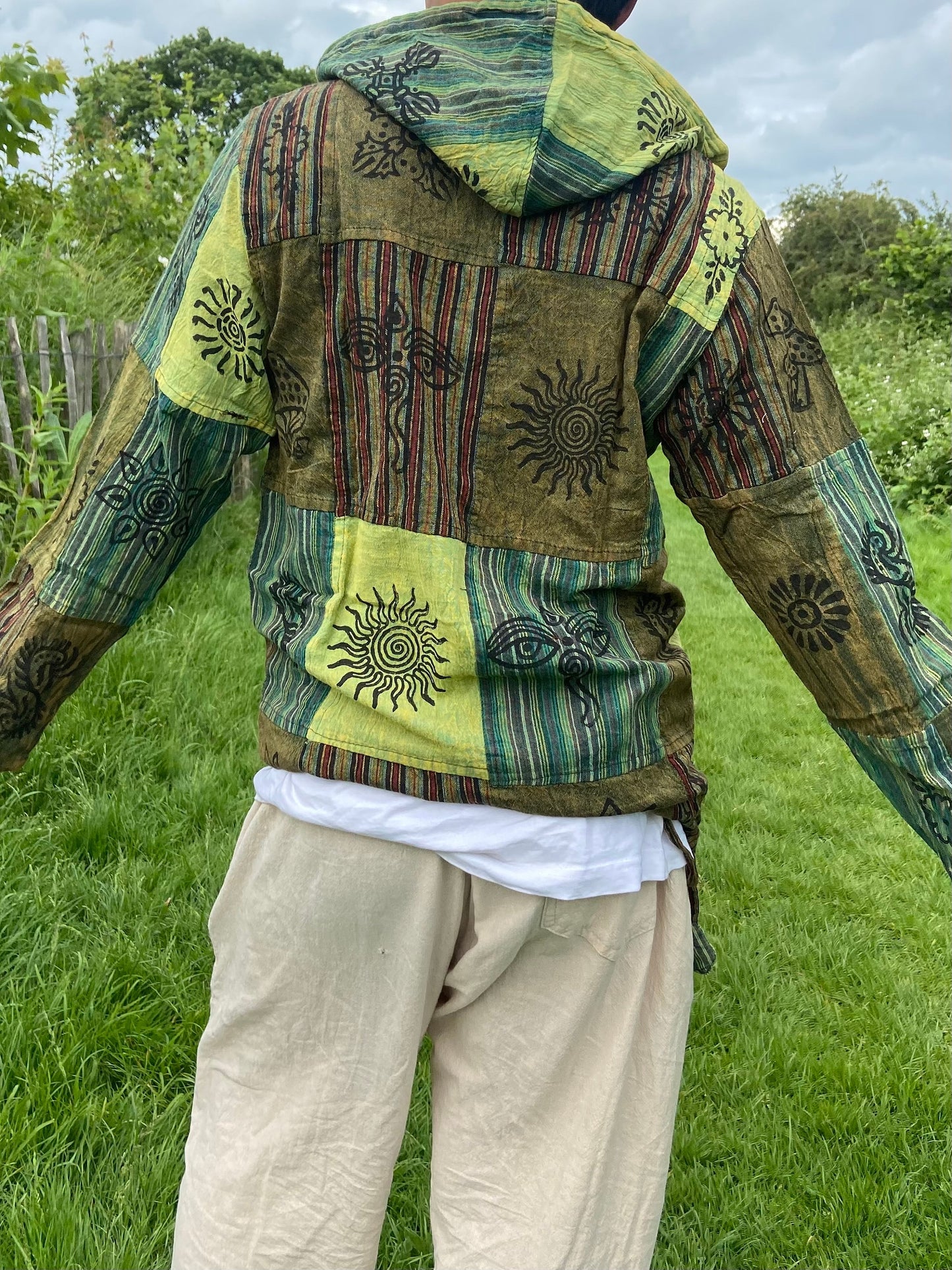 Blockprint Cotton Hoodie Shirt: Stonewash Nepali Patchwork, Eco Friendly
