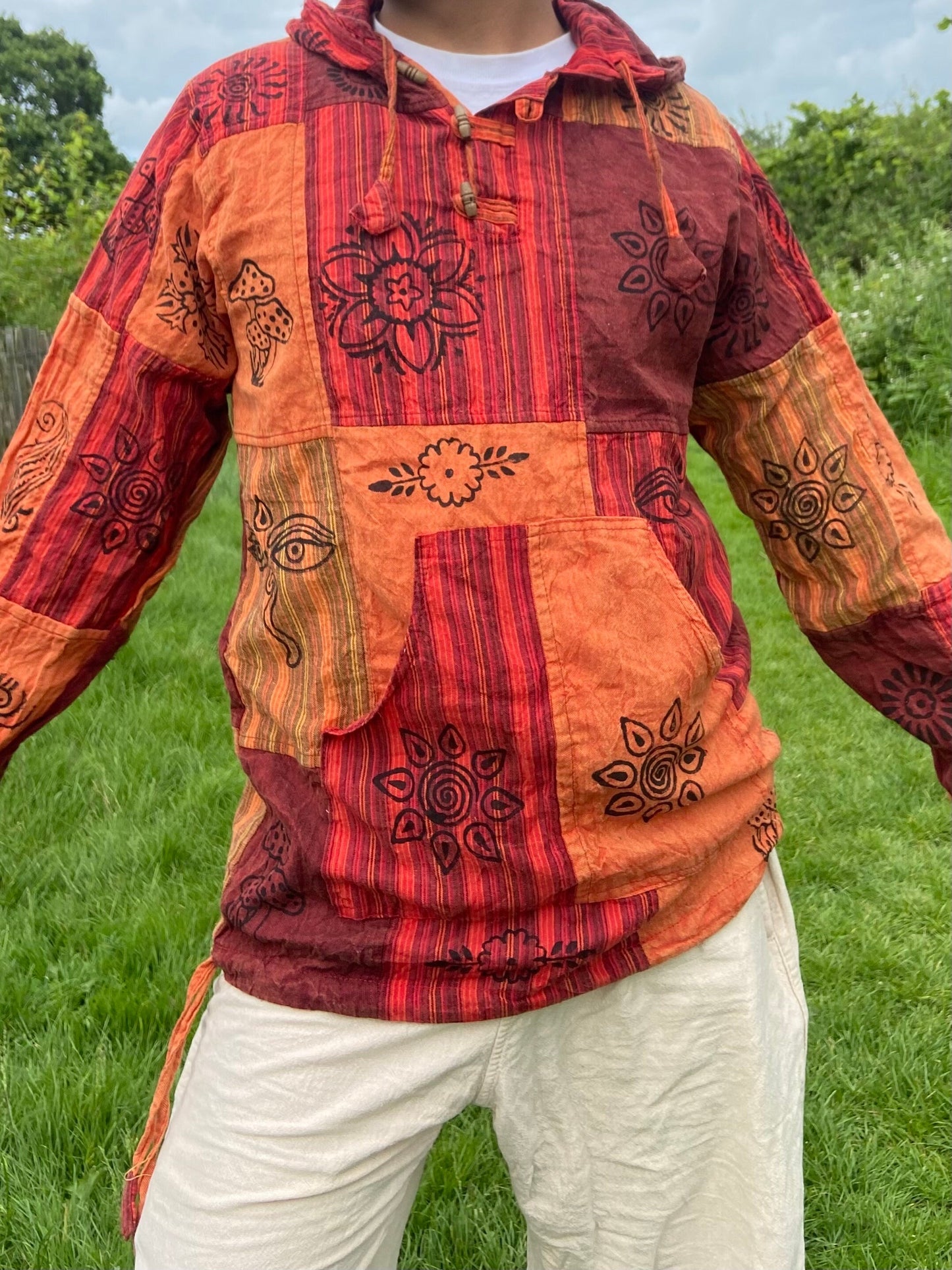Blockprint Cotton Hoodie Shirt: Stonewash Nepali Patchwork, Eco Friendly