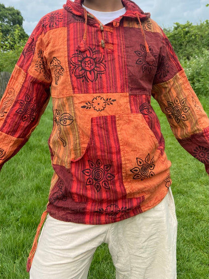 Blockprint Cotton Hoodie Shirt: Stonewash Nepali Patchwork, Eco Friendly