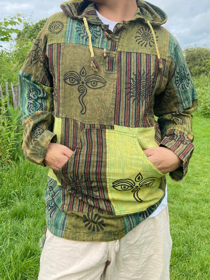Blockprint Cotton Hoodie Shirt: Stonewash Nepali Patchwork, Eco Friendly